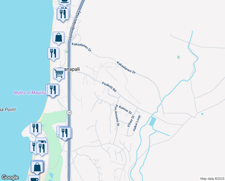 map of restaurants, bars, coffee shops, grocery stores, and more near 21 Puu Huna Place in Lahaina