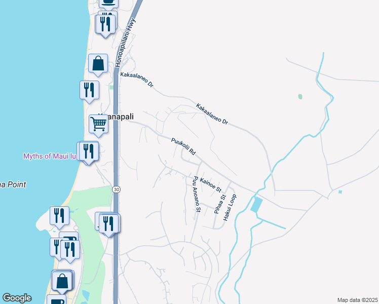 map of restaurants, bars, coffee shops, grocery stores, and more near 21 Puu Huna Place in Lahaina