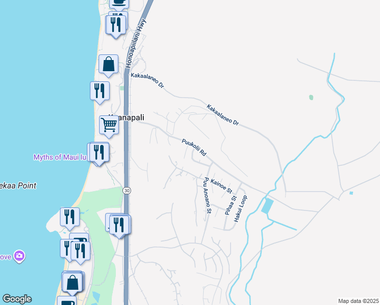 map of restaurants, bars, coffee shops, grocery stores, and more near 22 Puu Hale Street in Lahaina