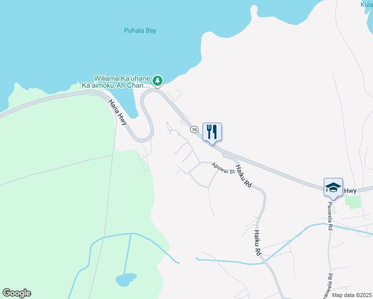 map of restaurants, bars, coffee shops, grocery stores, and more near 51 Ulua Place in Haiku-Pauwela