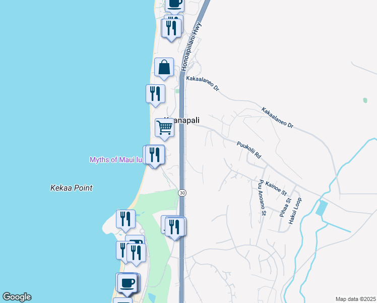 map of restaurants, bars, coffee shops, grocery stores, and more near 2750 Kalapu Drive in Lahaina