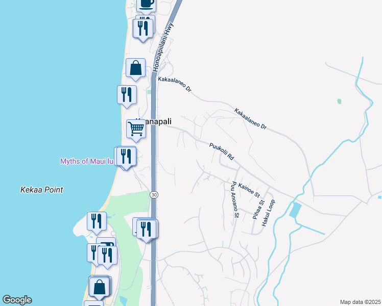 map of restaurants, bars, coffee shops, grocery stores, and more near 150 Puukolii Road in Lahaina