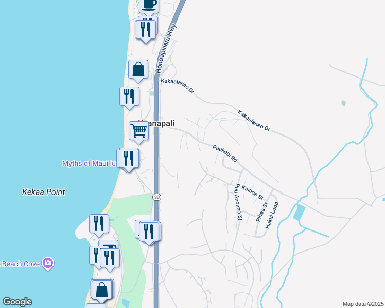 map of restaurants, bars, coffee shops, grocery stores, and more near 150 Puukolii Road in Lahaina