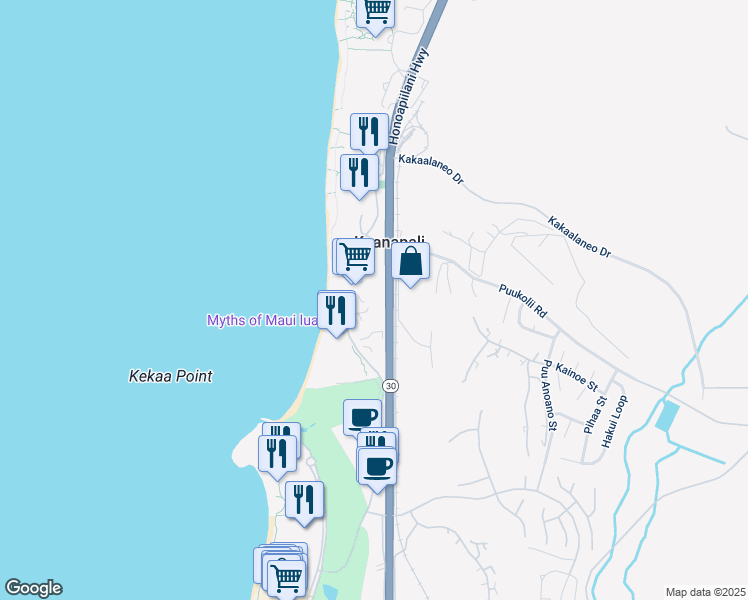 map of restaurants, bars, coffee shops, grocery stores, and more near 45 Kai Ala Drive in Lahaina