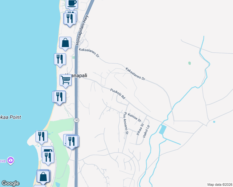 map of restaurants, bars, coffee shops, grocery stores, and more near 6 Puu Hale Street in Lahaina