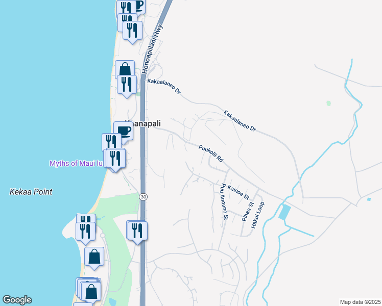 map of restaurants, bars, coffee shops, grocery stores, and more near 6 Puu Hale Street in Lahaina