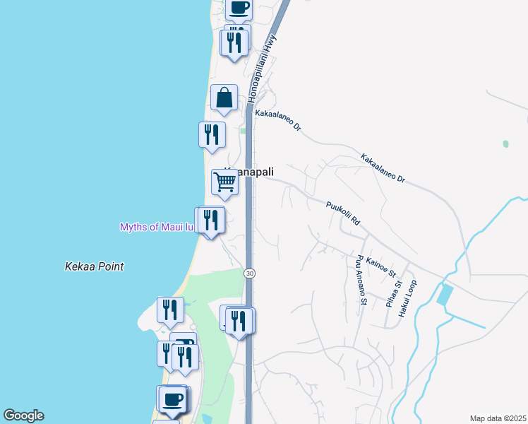 map of restaurants, bars, coffee shops, grocery stores, and more near 2750 Kalapu Drive in Lahaina