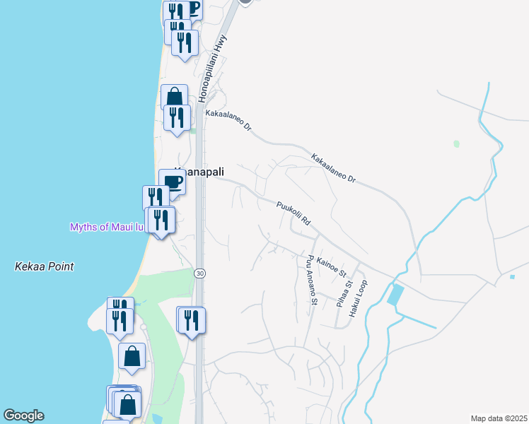 map of restaurants, bars, coffee shops, grocery stores, and more near 150 Puukolii Road in Lahaina