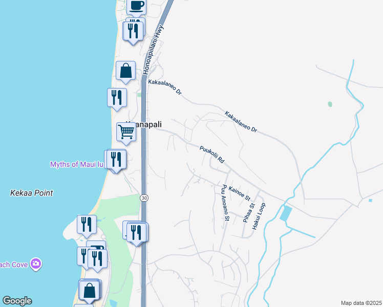 map of restaurants, bars, coffee shops, grocery stores, and more near 150 Puukolii Road in Lahaina