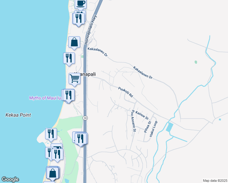 map of restaurants, bars, coffee shops, grocery stores, and more near 150 Puukolii Road in Lahaina