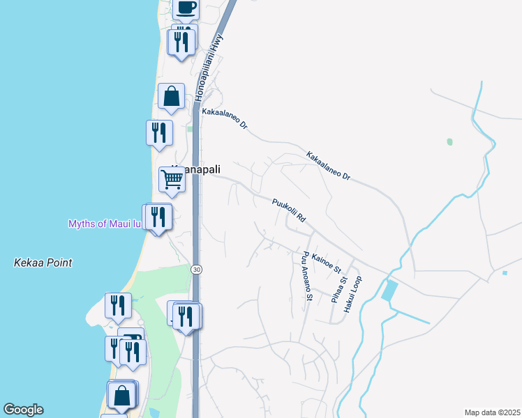 map of restaurants, bars, coffee shops, grocery stores, and more near 150 Puukolii Road in Lahaina