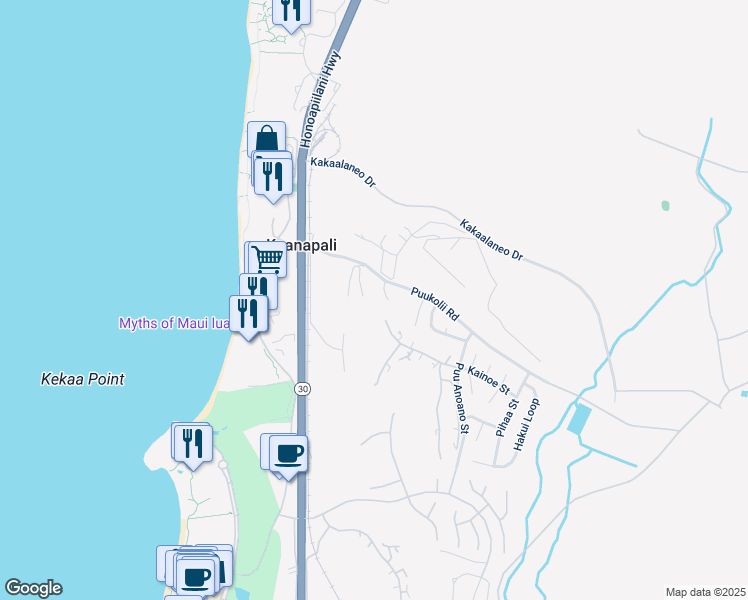 map of restaurants, bars, coffee shops, grocery stores, and more near 150 Puukolii Road in Lahaina