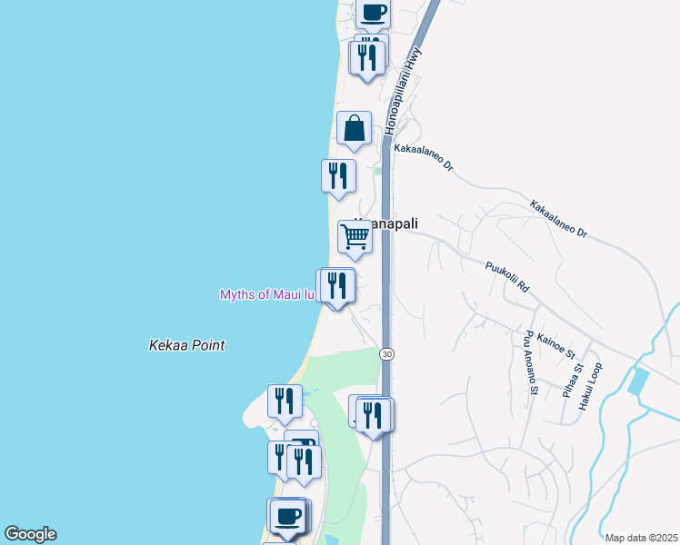 map of restaurants, bars, coffee shops, grocery stores, and more near 45 Kai Ala Drive in Lahaina