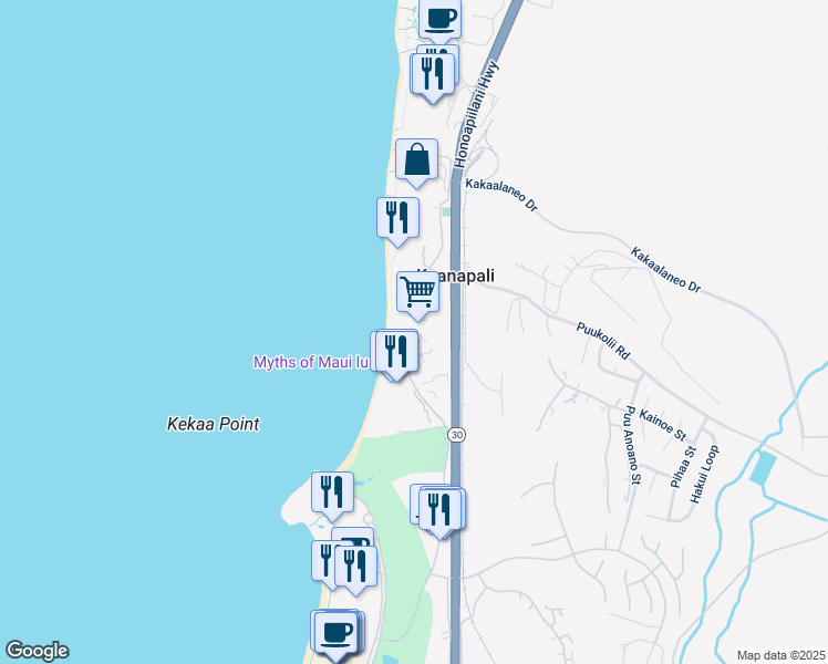 map of restaurants, bars, coffee shops, grocery stores, and more near 45 Kai Ala Drive in Lahaina