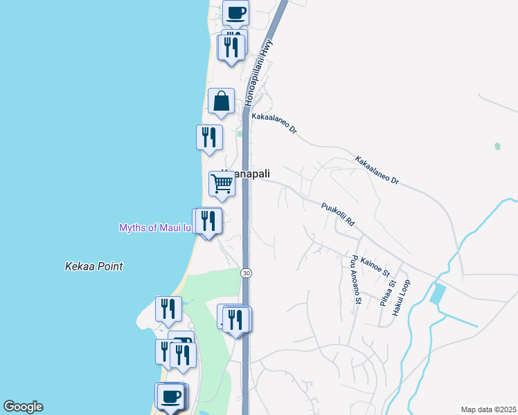 map of restaurants, bars, coffee shops, grocery stores, and more near 2750 Kalapu Drive in Lahaina