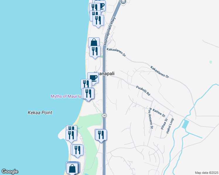 map of restaurants, bars, coffee shops, grocery stores, and more near 2750 Kalapu Drive in Lahaina