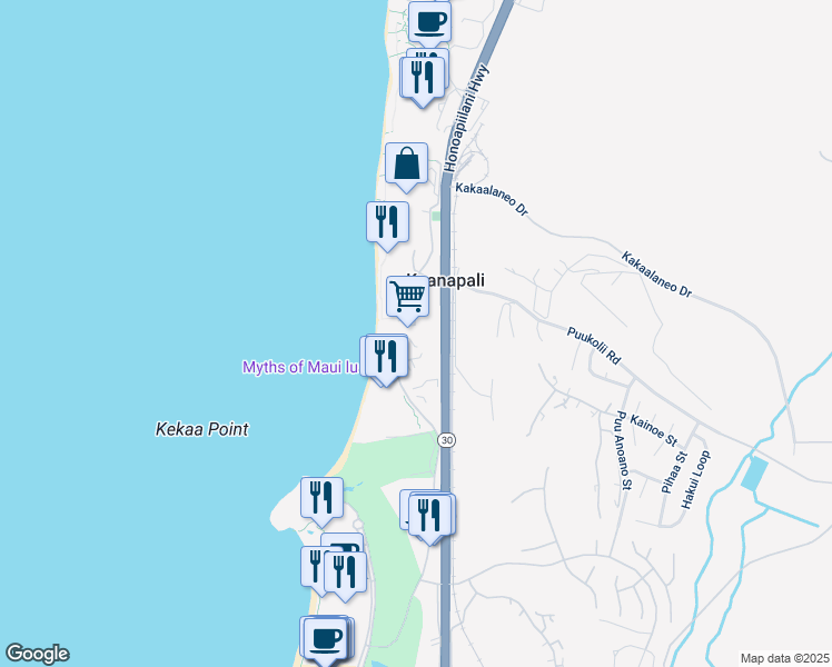 map of restaurants, bars, coffee shops, grocery stores, and more near 45 Kai Ala Drive in Lahaina