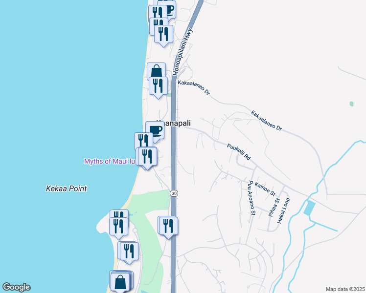 map of restaurants, bars, coffee shops, grocery stores, and more near 2750 Kalapu Drive in Lahaina