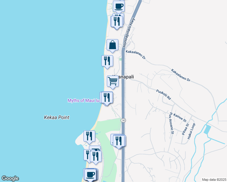 map of restaurants, bars, coffee shops, grocery stores, and more near 45 Kai Ala Drive in Lahaina