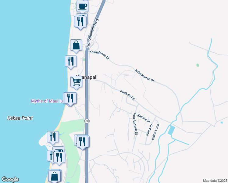 map of restaurants, bars, coffee shops, grocery stores, and more near 150 Puukolii Road in Lahaina