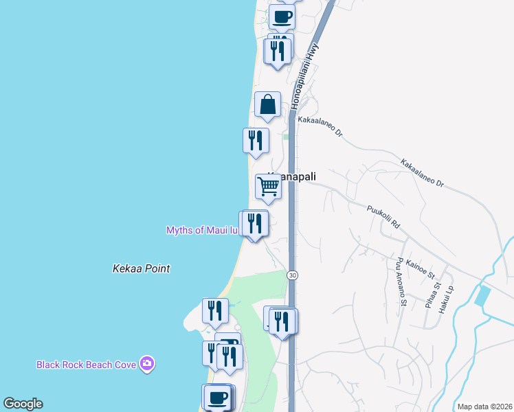 map of restaurants, bars, coffee shops, grocery stores, and more near 45 Kai Ala Drive in Lahaina