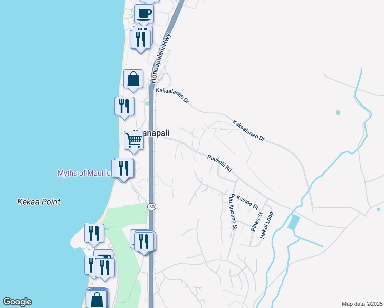 map of restaurants, bars, coffee shops, grocery stores, and more near 150 Puukolii Road in Lahaina