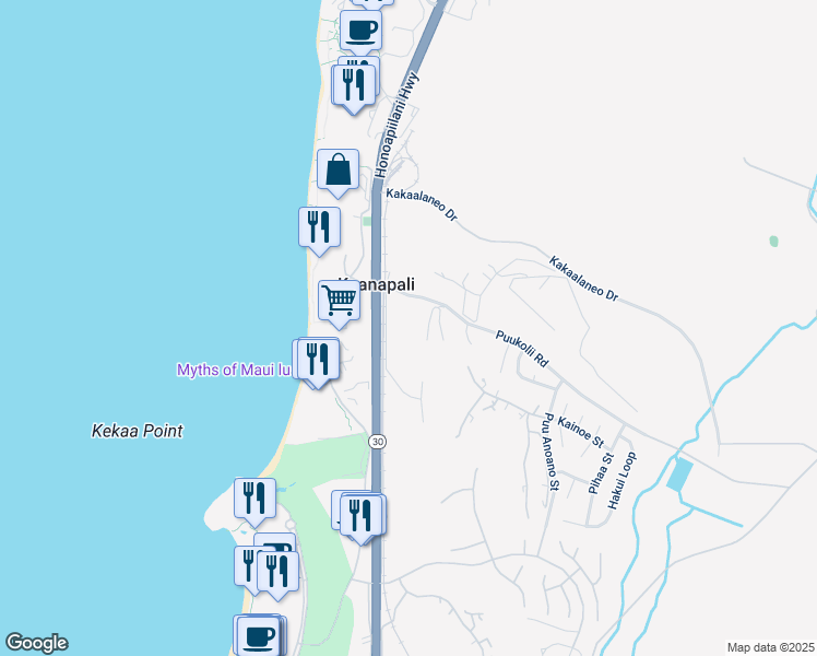 map of restaurants, bars, coffee shops, grocery stores, and more near 2750 Kalapu Drive in Lahaina