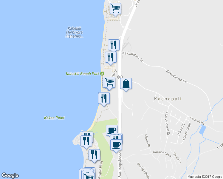 map of restaurants, bars, coffee shops, grocery stores, and more near 45 Kai Ala Drive in Lahaina