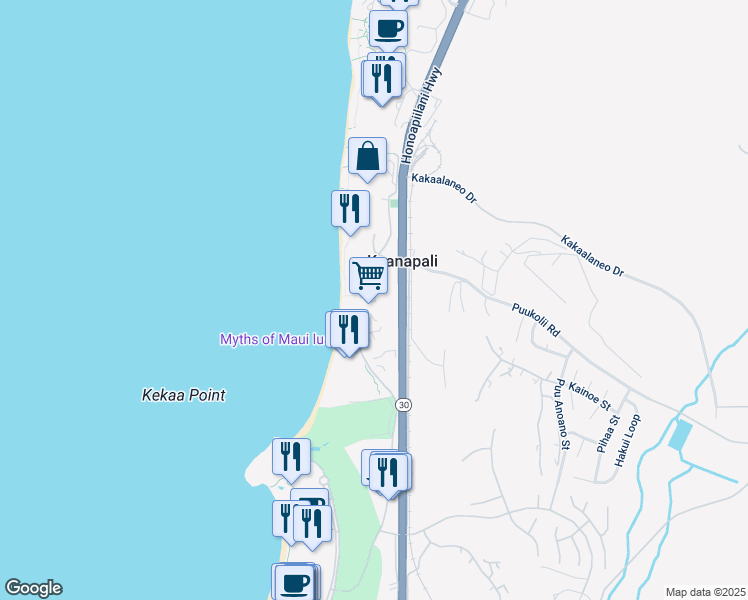 map of restaurants, bars, coffee shops, grocery stores, and more near 45 Kai Ala Drive in Lahaina