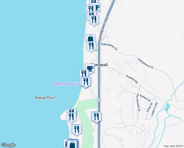 map of restaurants, bars, coffee shops, grocery stores, and more near 45 Kai Ala Drive in Lahaina