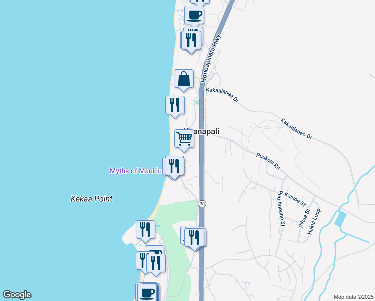 map of restaurants, bars, coffee shops, grocery stores, and more near 45 Kai Ala Drive in Lahaina