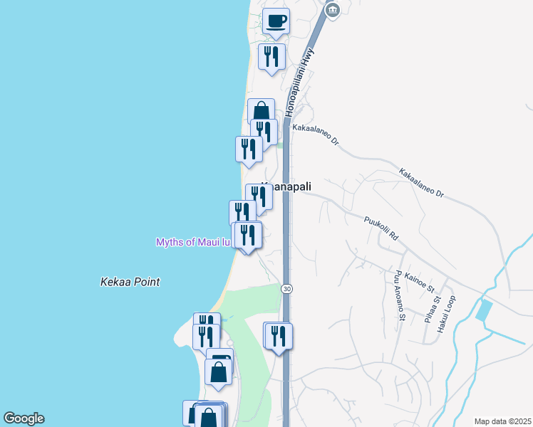 map of restaurants, bars, coffee shops, grocery stores, and more near 45 Kai Ala Drive in Lahaina