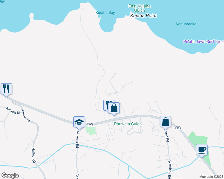 map of restaurants, bars, coffee shops, grocery stores, and more near 0 Kahiapo Place in Haiku-Pauwela