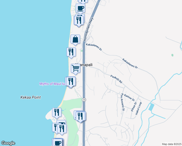 map of restaurants, bars, coffee shops, grocery stores, and more near 2750 Kalapu Drive in Lahaina