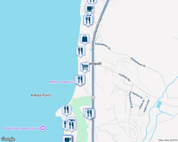 map of restaurants, bars, coffee shops, grocery stores, and more near 45 Kai Ala Drive in Lahaina