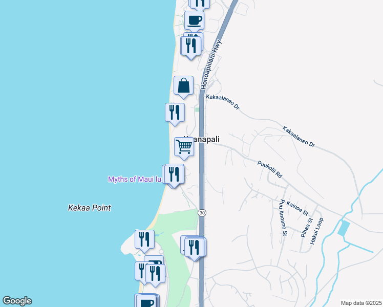 map of restaurants, bars, coffee shops, grocery stores, and more near 45 Kai Ala Drive in Lahaina