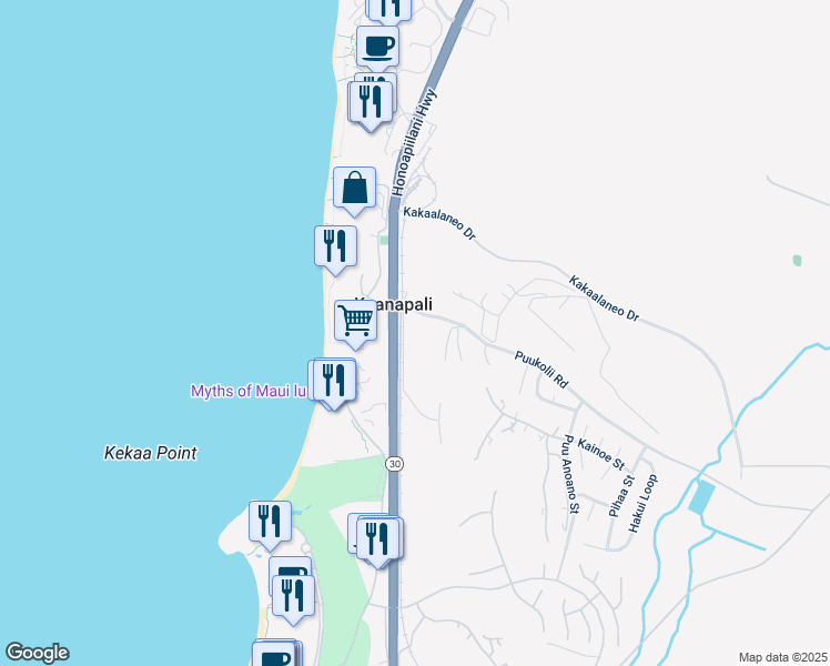 map of restaurants, bars, coffee shops, grocery stores, and more near 2750 Kalapu Drive in Lahaina