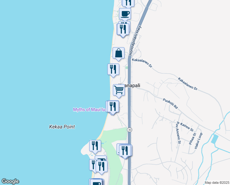 map of restaurants, bars, coffee shops, grocery stores, and more near 40 Kai Ala Drive in Lahaina