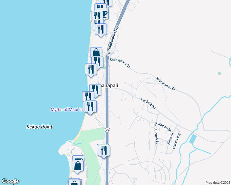 map of restaurants, bars, coffee shops, grocery stores, and more near 2750 Kalapu Drive in Lahaina