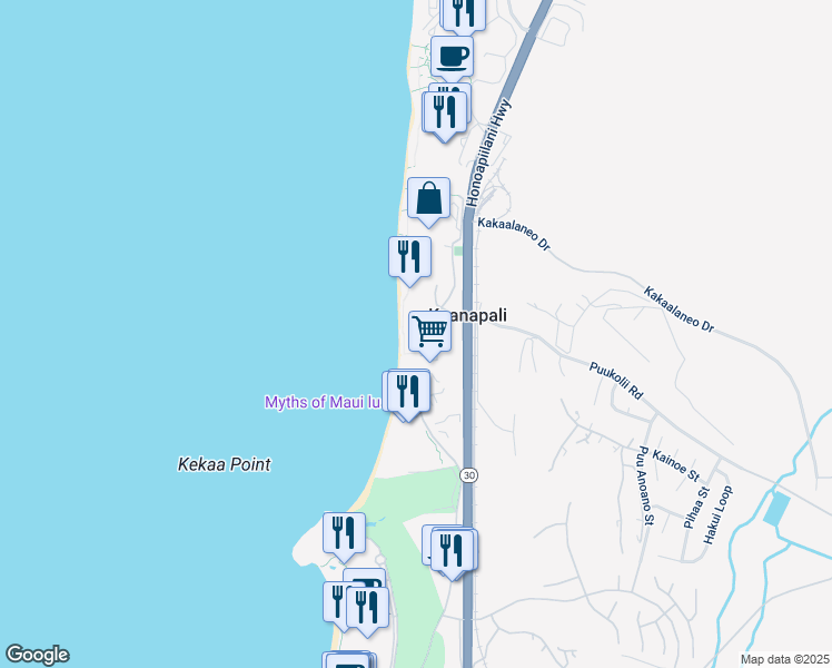 map of restaurants, bars, coffee shops, grocery stores, and more near 30 Kai Ala Drive in Lahaina