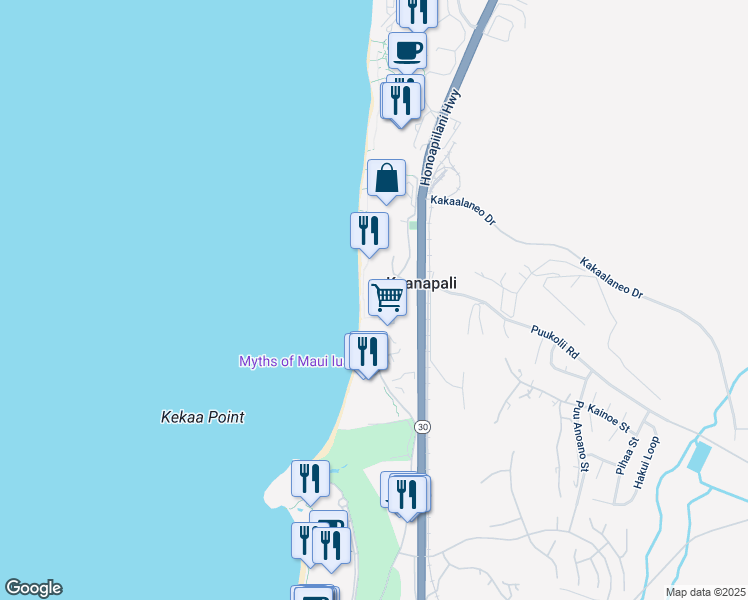 map of restaurants, bars, coffee shops, grocery stores, and more near 40 Kai Ala Drive in Lahaina