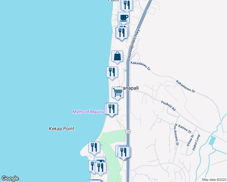 map of restaurants, bars, coffee shops, grocery stores, and more near 30 Kai Ala Drive in Lahaina