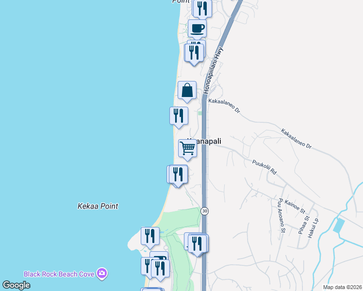 map of restaurants, bars, coffee shops, grocery stores, and more near 30 Kai Ala Drive in Lahaina