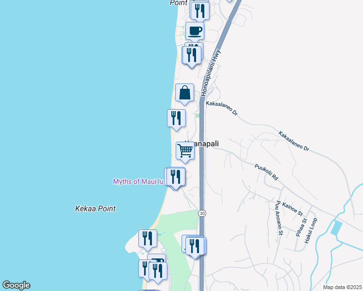 map of restaurants, bars, coffee shops, grocery stores, and more near 20 Kai Ala Drive in Lahaina