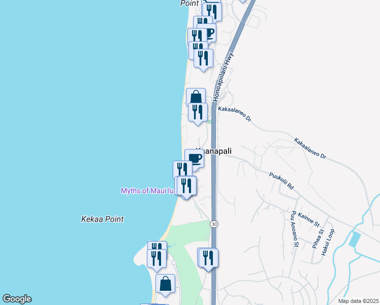 map of restaurants, bars, coffee shops, grocery stores, and more near 20 Kai Ala Drive in Lahaina