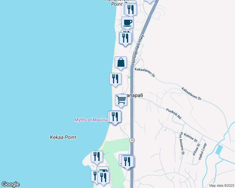 map of restaurants, bars, coffee shops, grocery stores, and more near 10 Kai Ala Drive in Lahaina