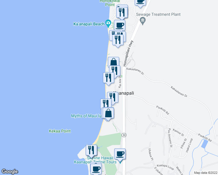 map of restaurants, bars, coffee shops, grocery stores, and more near 65 Kai Ala Drive in Lahaina