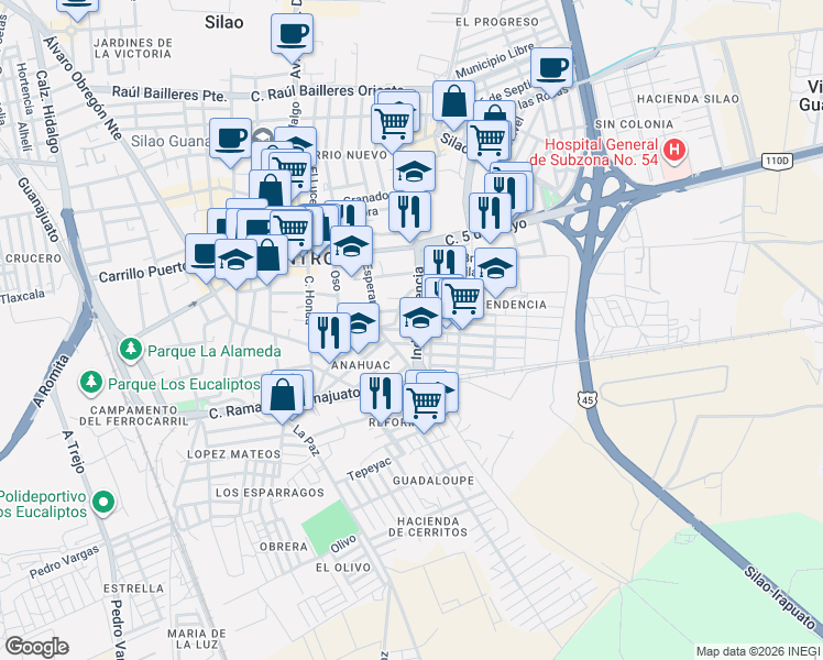 map of restaurants, bars, coffee shops, grocery stores, and more near 71 Ramón Vaca in Silao