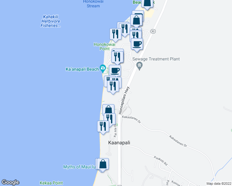 map of restaurants, bars, coffee shops, grocery stores, and more near 45 Kai Malina Parkway in Lahaina