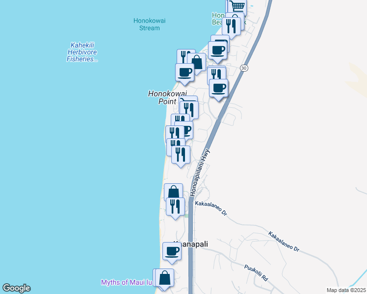 map of restaurants, bars, coffee shops, grocery stores, and more near 130 Kai Malina Parkway in Lahaina